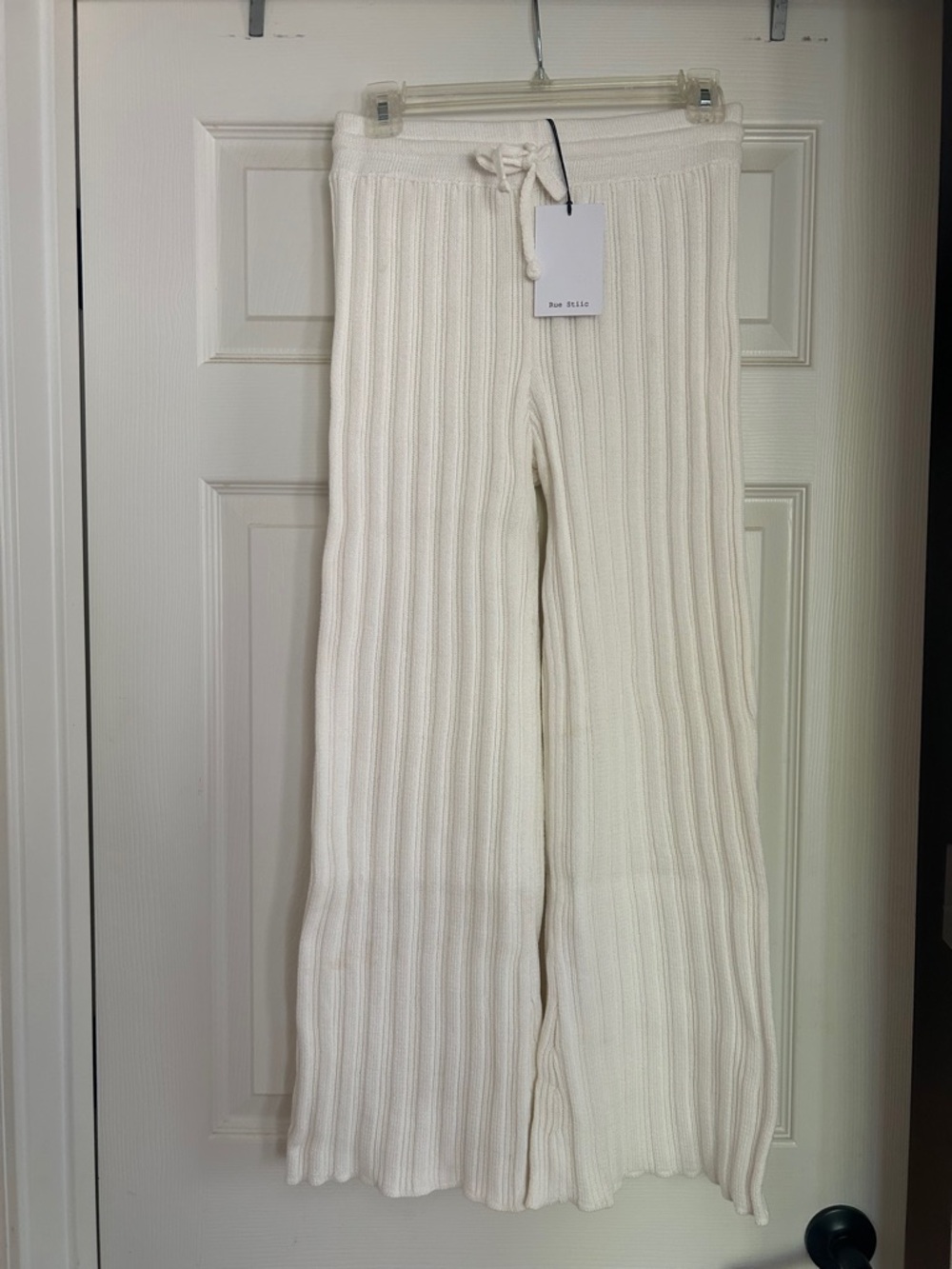 Ribbed Knit Wide-Leg Drawstring Pants in white. New with tags attached